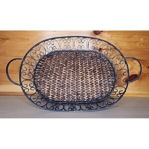 Metal and Wicker Serving Tray with Handles Distressed Farmhouse Decor Basket